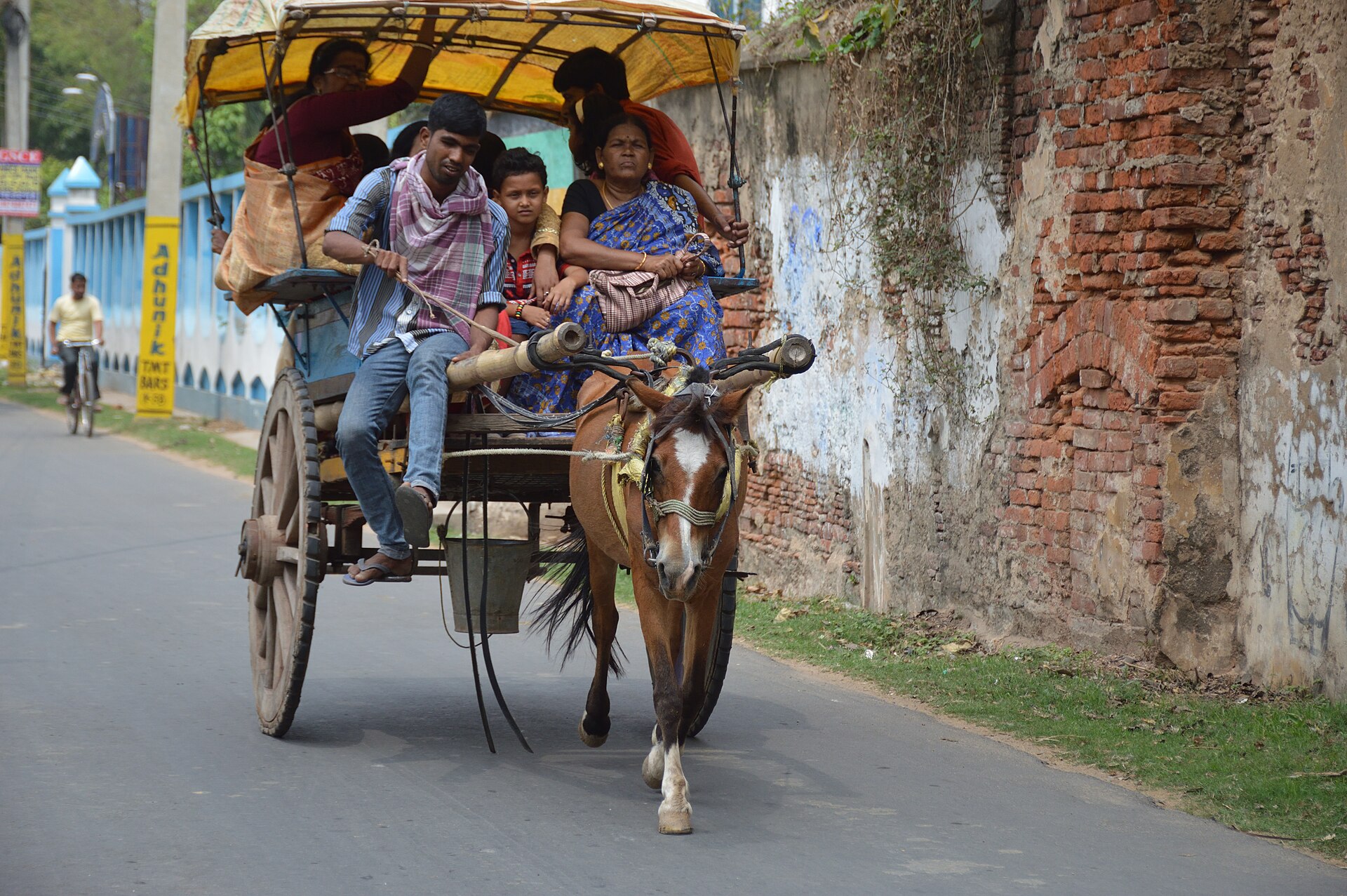 मुर्शिदाबाद में सिराज उद-दौला रोड पर सवारियों से भरा एक ताँगा और सड़क किनारे की पुरानी दीवार, मार्च 2017 की तस्वीर; ज़िले की 7,47,921 अपीलें इसी आबादी के नाम हैं